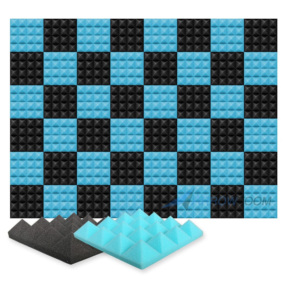 New 48 pcs Black and Baby Blue Bundle Pyramid Tiles Acoustic Panels Sound Absorption Studio Soundproof Foam KK1034 25 X 25 X 5cm (9.8 X 9.8 X 1.9 in)