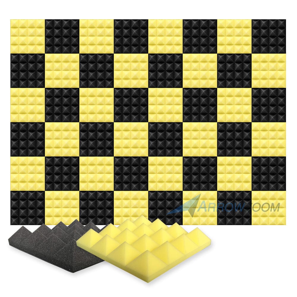 New 48 pcs Black and Yellow Bundle Pyramid Tiles Acoustic Panels Sound Absorption Studio Soundproof Foam KK1034 25 X 25 X 5cm (9.8 X 9.8 X 1.9 in)