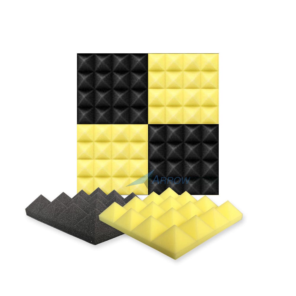 New 4 Pcs Black & Yellow Bundle Pyramid Tiles Acoustic Panels Sound Absorption Studio Soundproof Foam KK1034 25 X 25 X 5cm (9.8 X 9.8 X 1.9in)