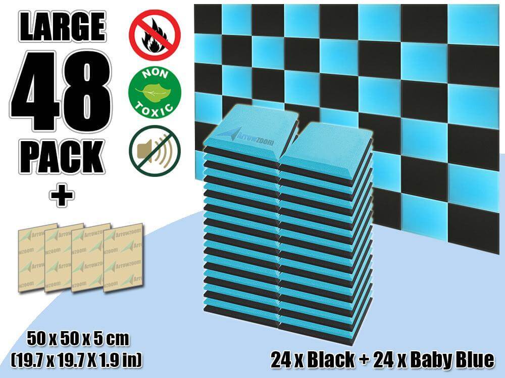Arrowzoom Flat Bevel Tile Series Acoustic Panel - Baby Blue x Black Bundle - KK1039 48 Piece -50 x 50 x 5 cm / 20 x 20 x 2 in