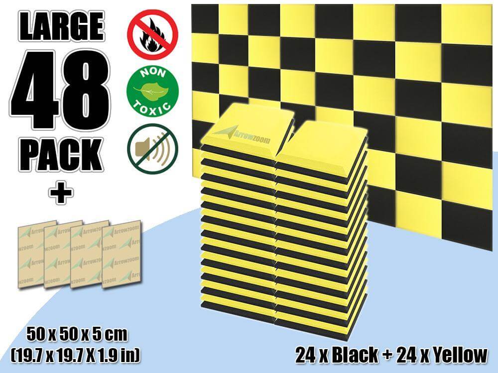 Arrowzoom Flat Bevel Tile Series Acoustic Panel - Black x Yellow Bundle - KK1039 48 Piece -50 x 50 x 5 cm / 20 x 20 x 2 in