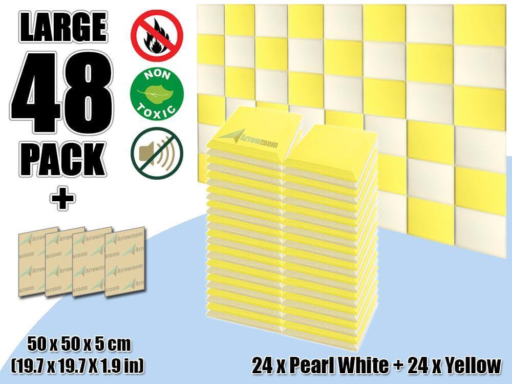 Arrowzoom Flat Bevel Tile Series Acoustic Panel - Pearl White x Yellow Bundle - KK1039 48 Piece -50 x 50 x 5 cm / 20 x 20 x 2 in