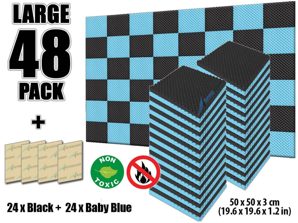 Arrowzoom Eggcrate Convoluted Series Acoustic Foam - Baby Blue x Black Bundle - KK1052 48 Pieces - 25 x 25 x 3 cm/ 10x10x2 in