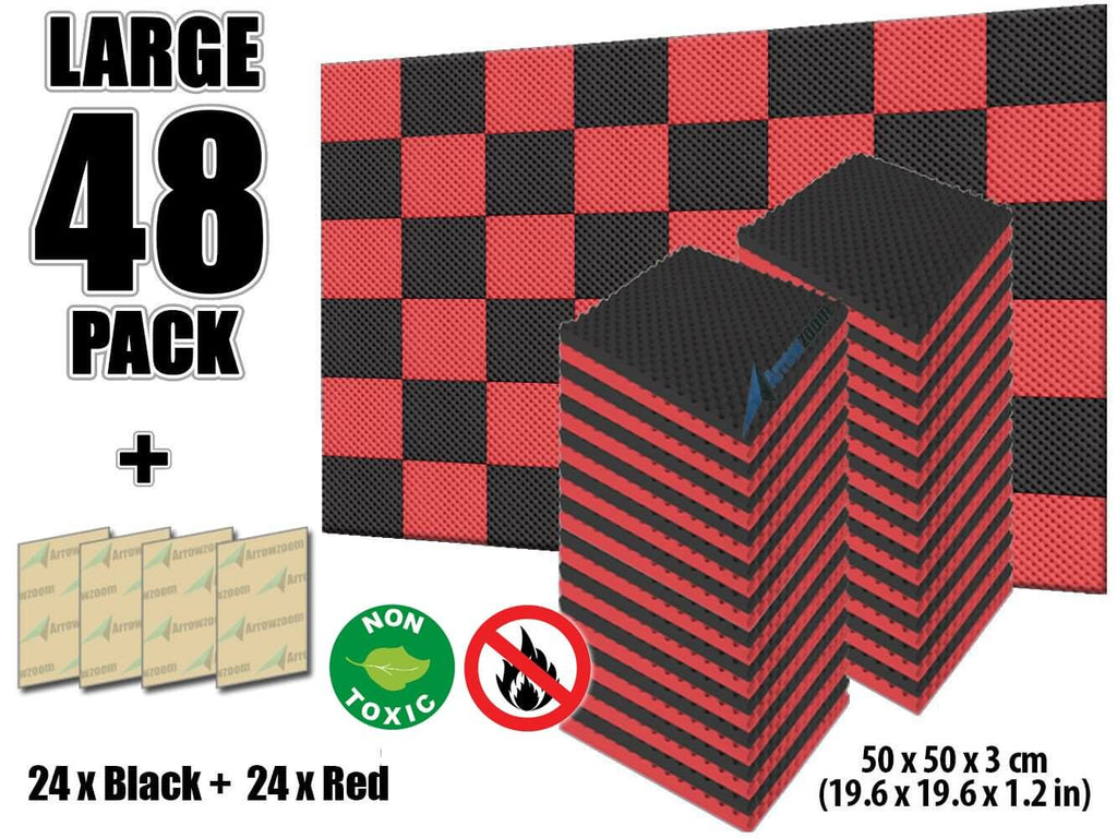 Arrowzoom Eggcrate Convoluted Series Acoustic Foam - Black x Red Bundle - KK1052 48 Pieces - 25 x 25 x 3 cm/ 10x10x2 in