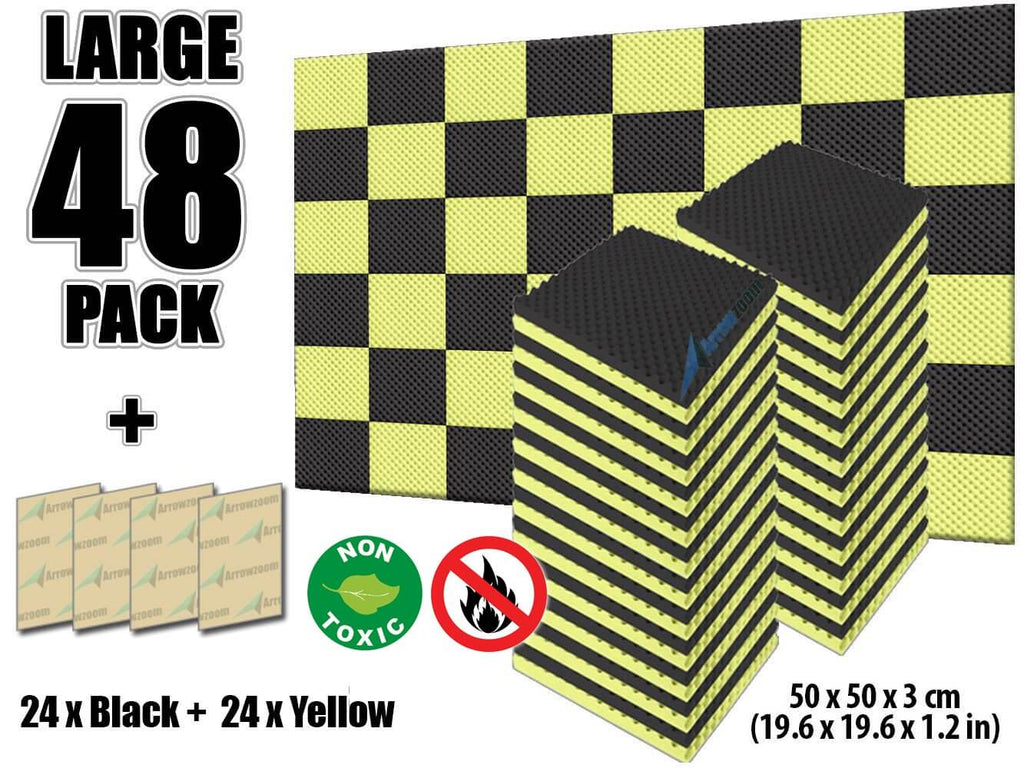 Arrowzoom Eggcrate Convoluted Series Acoustic Foam - Black x Yellow Bundle - KK1052 48 Pieces - 25 x 25 x 5 cm/ 10x10x2 in