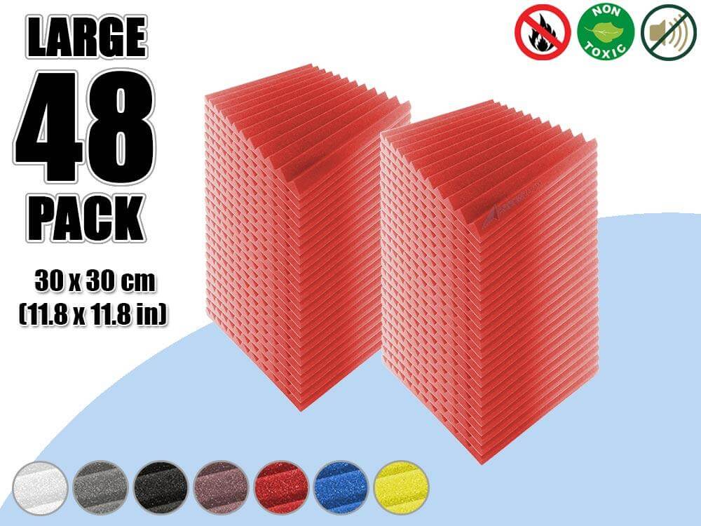 Arrowzoom Acoustic Multi Wedge Foam - Solid Colors - KK1167 48 Pieces - 30 x 30 x 2.5 cm/ 12 x 12 x 1 in / Red