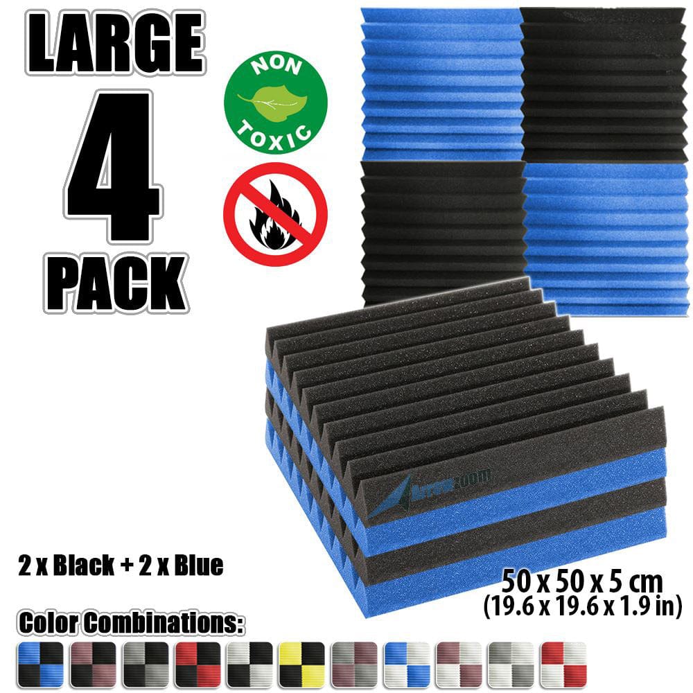 New 4 pcs Color Combination Wedge Tiles Acoustic Panels Sound Absorption Studio Soundproof Foam KK1134 50 x 50 x 5 cm (19.6 x 19.6 x 1.9 in) / Blue & Black