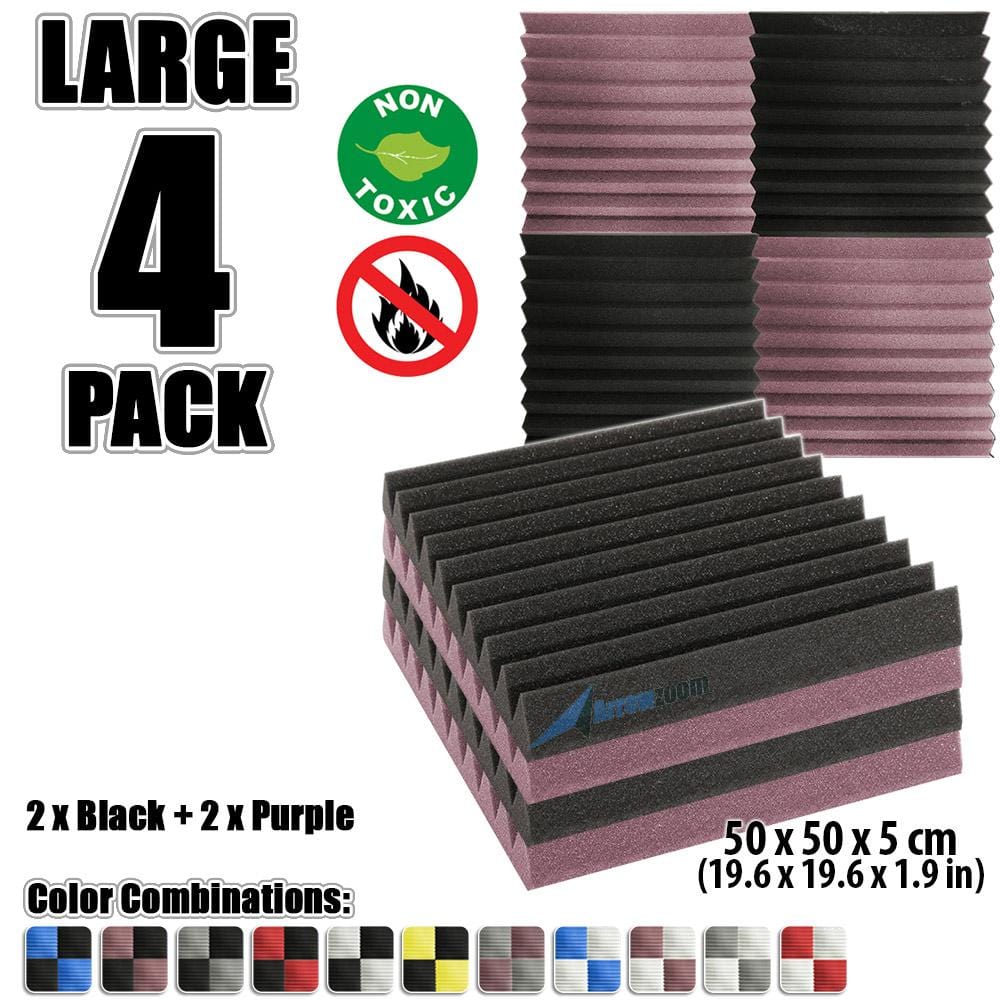 New 4 pcs Color Combination Wedge Tiles Acoustic Panels Sound Absorption Studio Soundproof Foam KK1134 50 x 50 x 5 cm (19.6 x 19.6 x 1.9 in) / Purple & Black