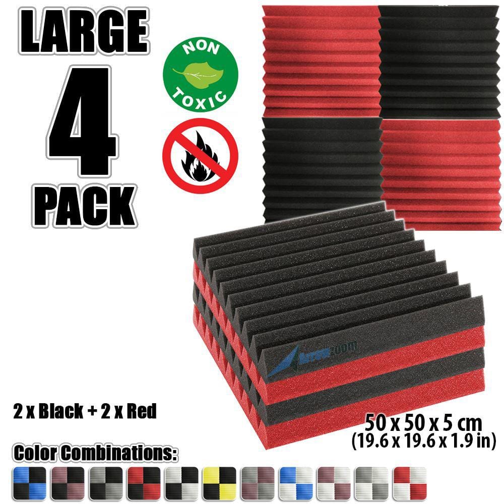 New 4 pcs Color Combination Wedge Tiles Acoustic Panels Sound Absorption Studio Soundproof Foam KK1134 50 x 50 x 5 cm (19.6 x 19.6 x 1.9 in) / Red & Black
