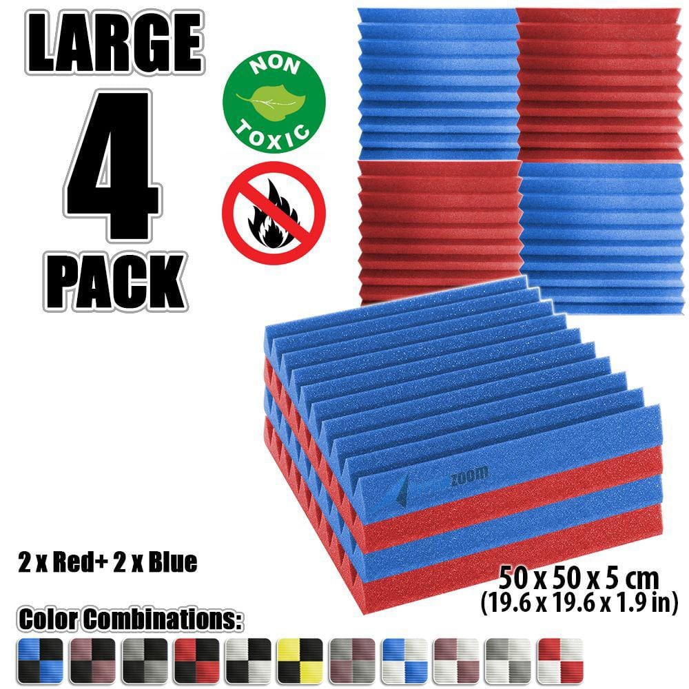 New 4 pcs Color Combination Wedge Tiles Acoustic Panels Sound Absorption Studio Soundproof Foam KK1134 50 x 50 x 5 cm (19.6 x 19.6 x 1.9 in) / Red & Blue