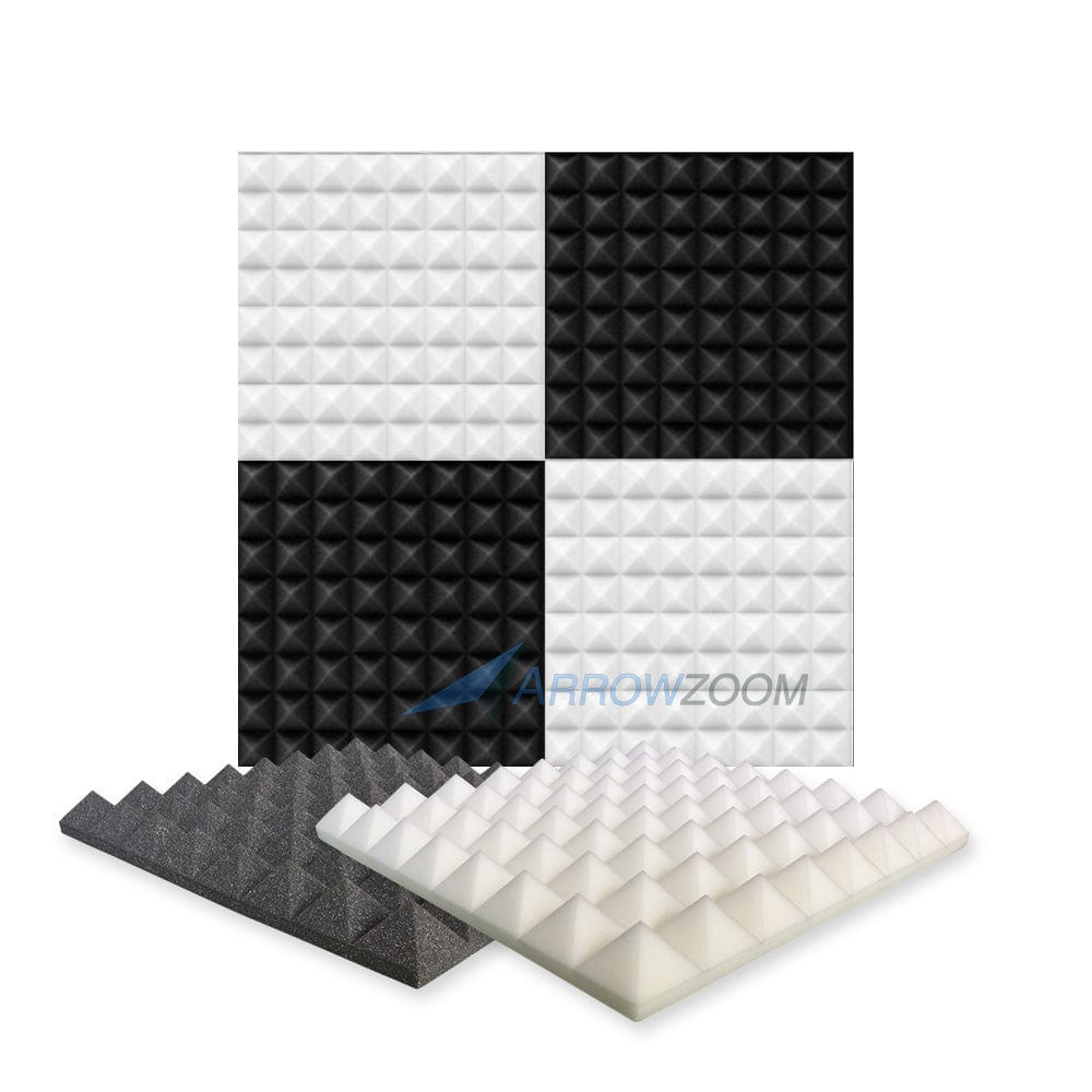 New 4 Pcs Black & Pearl White Bundle Pyramid Tiles Acoustic Panels Sound Absorption Studio Soundproof Foam KK1034 50 X 50 X 5cm (19.6 X 19.6 X 1.9)