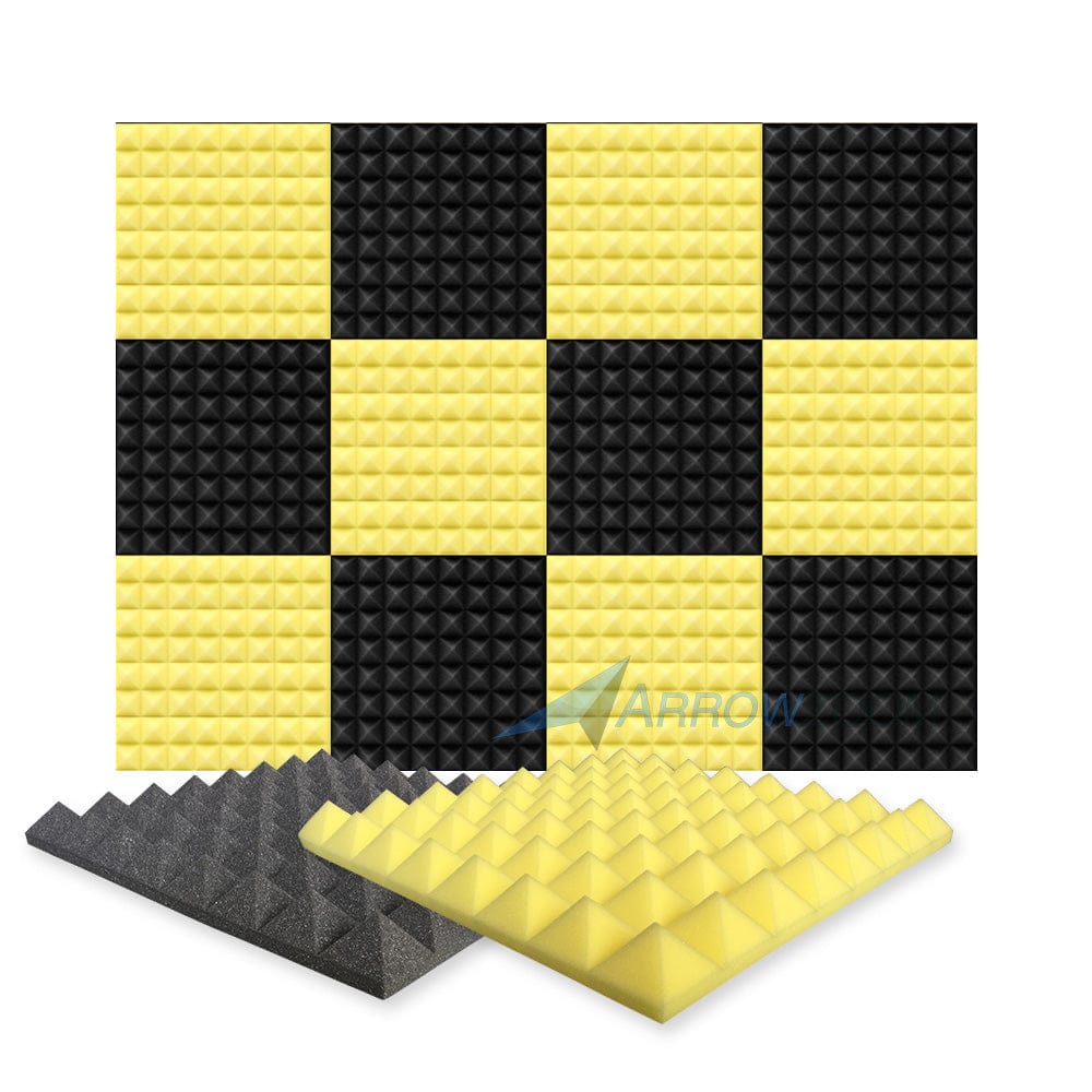 New 12 pcs Black and Yellow Bundle Pyramid Tiles Acoustic Panels Sound Absorption Studio Soundproof Foam KK1034 50 X 50 X 5cm (19.6 X 19.6 X 1.9in)