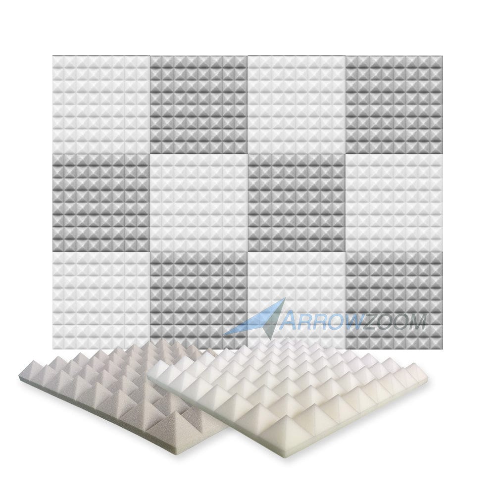 New 12 pcs Pearl White and Gray Bundle Pyramid Tiles Acoustic Panels Sound Absorption Studio Soundproof Foam KK1034 50 X 50 X 5cm (19.6 X 19.6 X 1.9in)