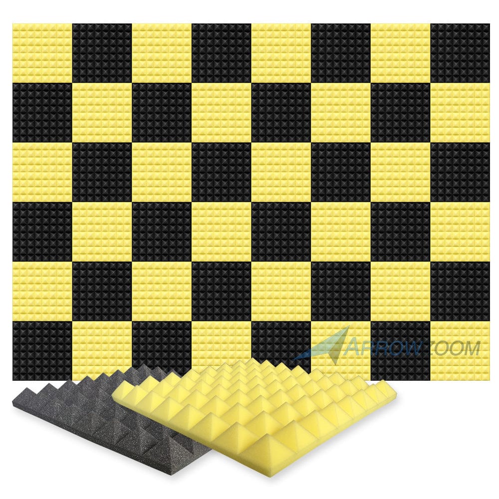 New 48 pcs Black and Yellow Bundle Pyramid Tiles Acoustic Panels Sound Absorption Studio Soundproof Foam KK1034 50 X 50 X 5cm (19.6 X 19.6 X 1.9in)