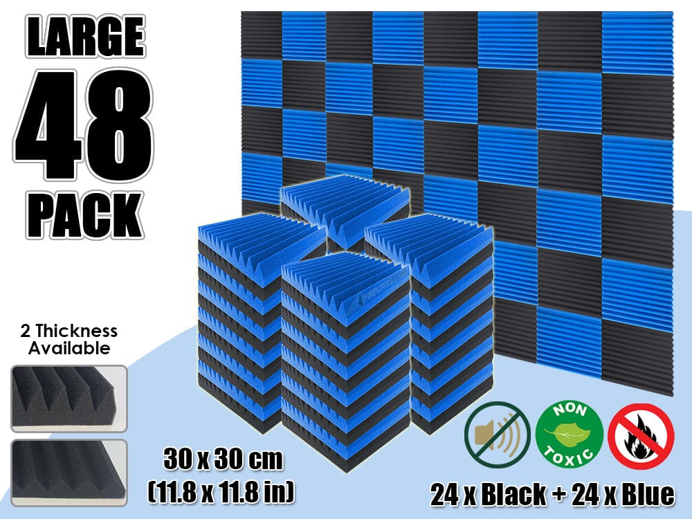 Arrowzoom 48 PCS Black and Blue Multi-Wedge Style Tiles Acoustic Panels  Sound Absorption Studio Soundproof Foam KK1167