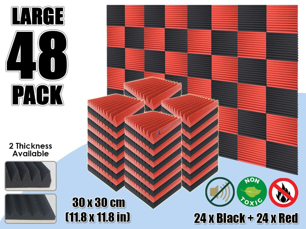 Arrowzoom 48 PCS Black and Red Multi-Wedge Style Tiles Acoustic Panels Sound Absorption Studio Soundproof Foam KK1167
