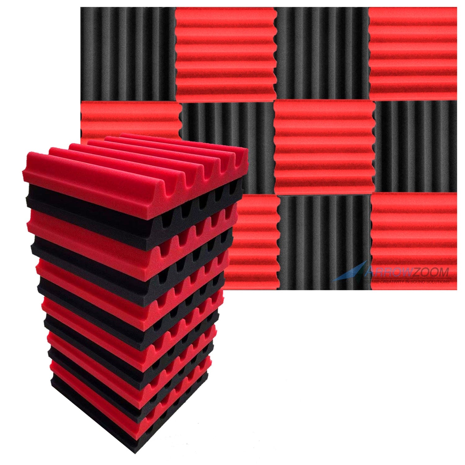 Arrowzoom™ PRO Series Soundproof Foam - Sea Wave Pro - KK1242 Black & Red / 12 pieces