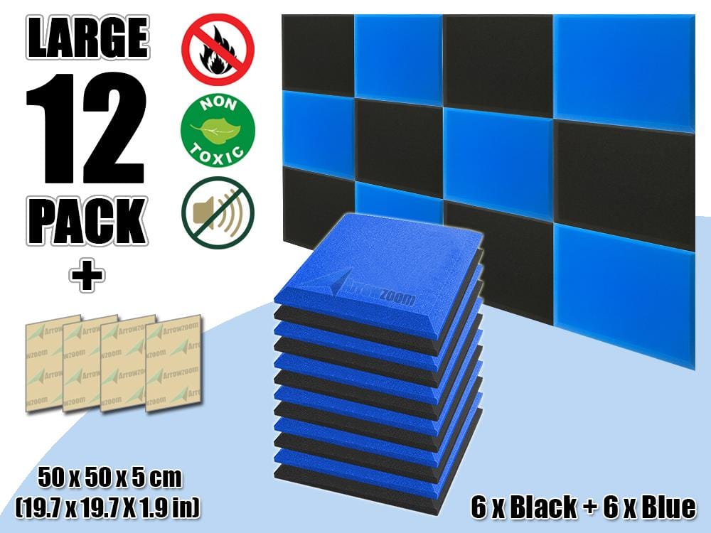 New 12 pcs Black & Blue Bundle Flat Bevel Tile Acoustic Panels Sound Absorption Studio Soundproof Foam KK1039
