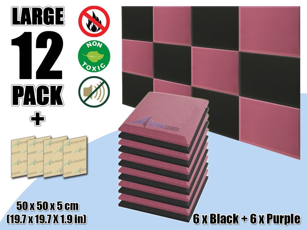 New 12 pcs Black & Purple Bundle Flat Bevel Tile Acoustic Panels Sound Absorption Studio Soundproof Foam KK1039