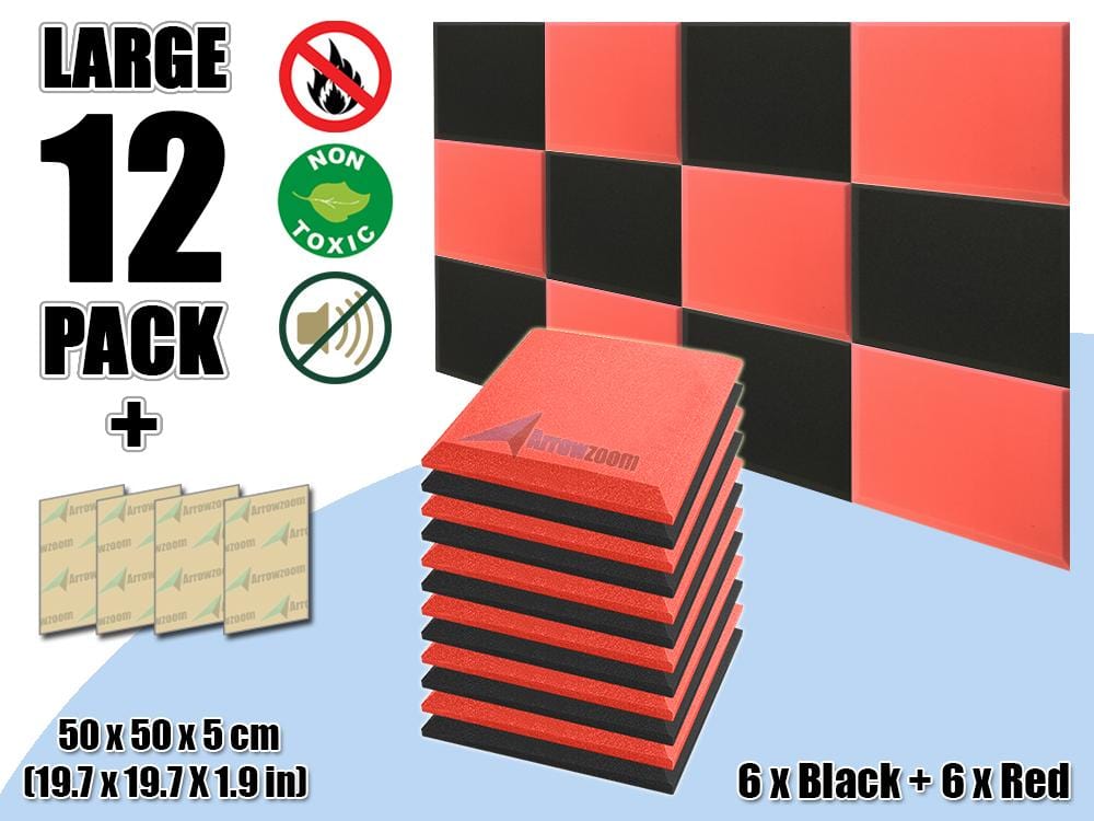 New 12 pcs Black & Red Bundle Flat Bevel Tile Acoustic Panels Sound Absorption Studio Soundproof Foam KK1039