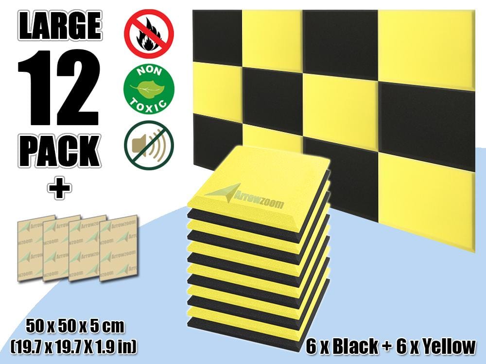 New 12 pcs Black & Yellow Bundle Flat Bevel Tile Acoustic Panels Sound Absorption Studio Soundproof Foam KK1039