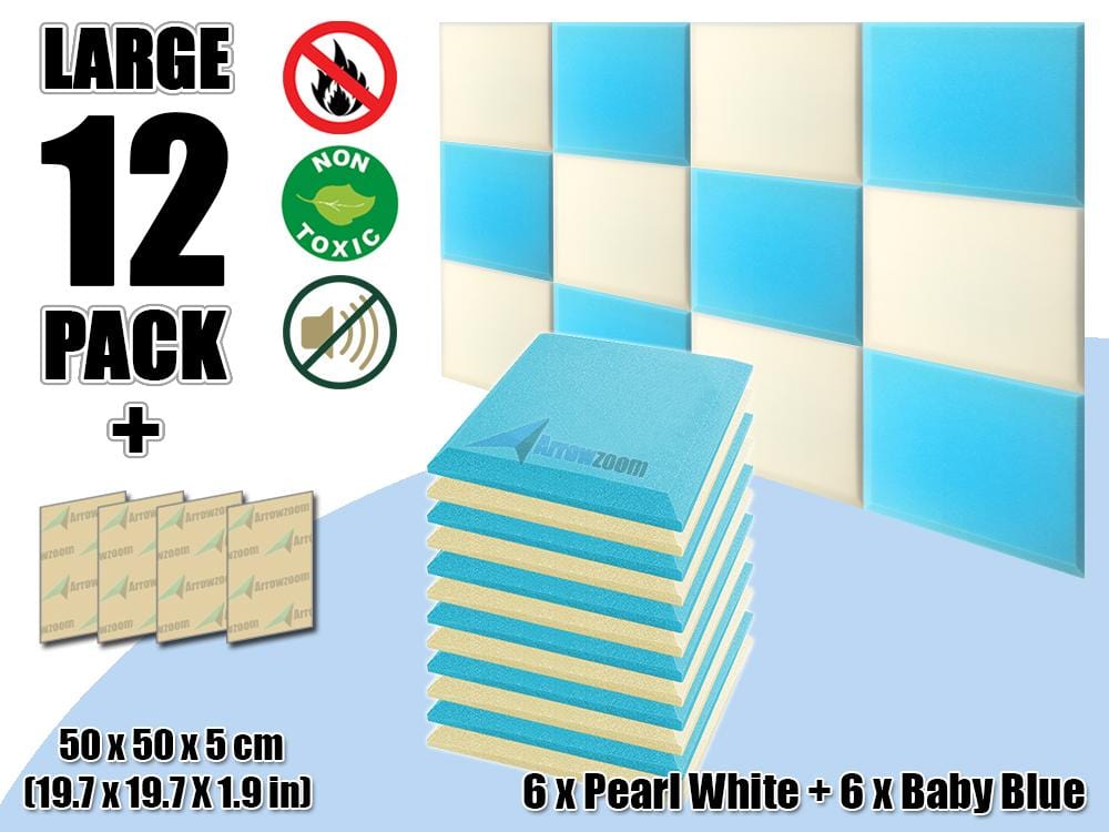 New 12 pcs Pearl White & Baby Blue Bundle Flat Bevel Tile Acoustic Panels Sound Absorption Studio Soundproof Foam KK1039
