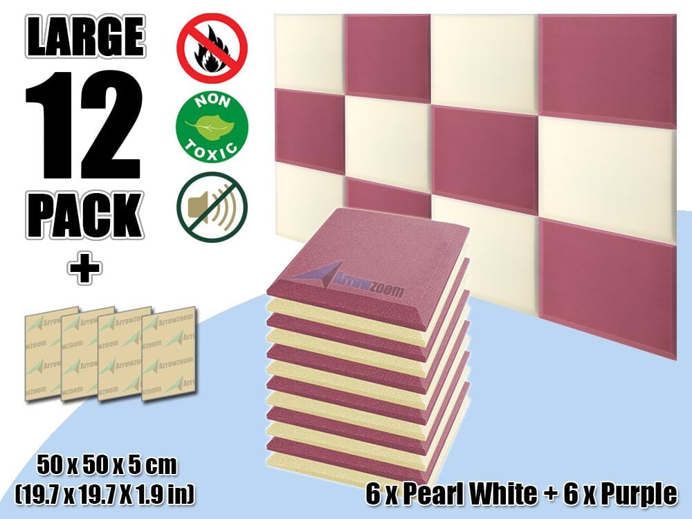 New 12 pcs Pearl White & Purple Bundle Flat Bevel Tile Acoustic Panels Sound Absorption Studio Soundproof Foam KK1039