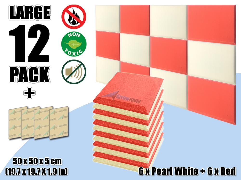 New 12 pcs Pearl White & Red Bundle Flat Bevel Tile Acoustic Panels Sound Absorption Studio Soundproof Foam KK1039