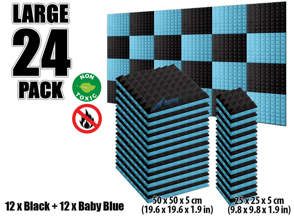 New 24 pcs Black and Baby Blue Bundle Pyramid Tiles Acoustic Panels Sound Absorption Studio Soundproof Foam KK1034