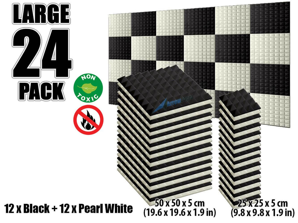 New 24 pcs Black and Pearl White Bundle Pyramid Tiles Acoustic Panels Sound Absorption Studio Soundproof Foam KK1034
