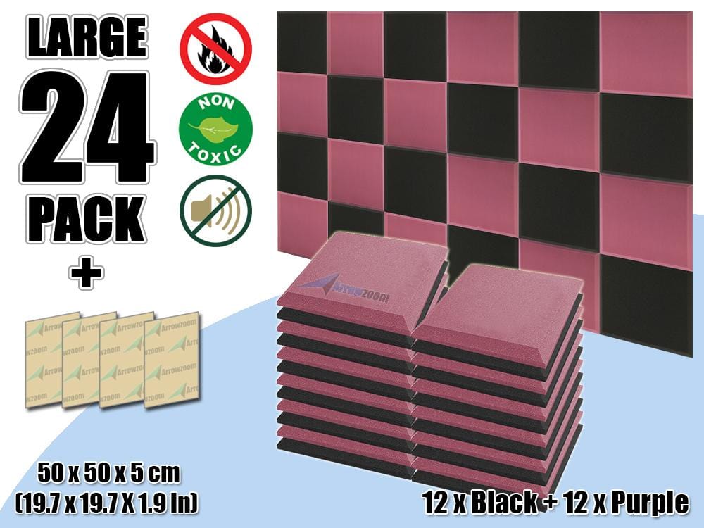 New 24 pcs Black & Purple Bundle Flat Bevel Tile Acoustic Panels Sound Absorption Studio Soundproof Foam KK1039