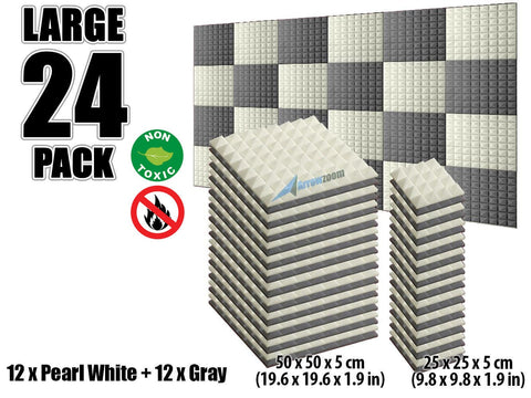 New 24 pcs Pearl White and Gray Bundle Pyramid Tiles Acoustic Panels Sound Absorption Studio Soundproof Foam KK1034