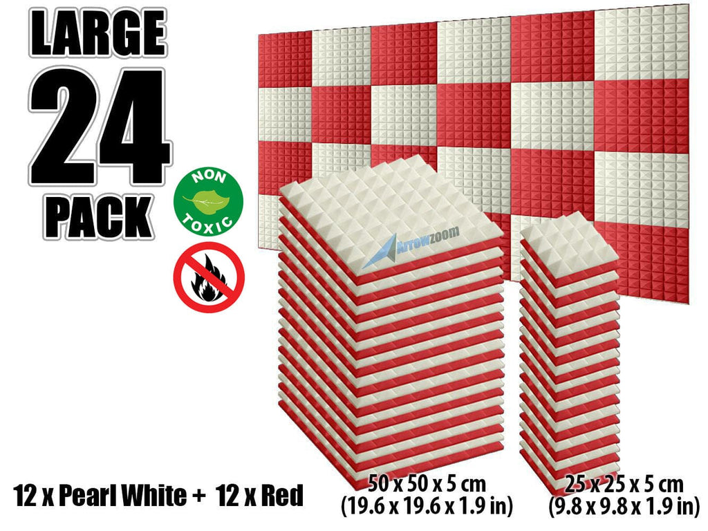 New 24 pcs Pearl White and Red Bundle Pyramid Tiles Acoustic Panels Sound Absorption Studio Soundproof Foam KK1034