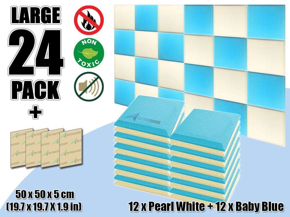 New 24 pcs Pearl White & Baby Blue Bundle Flat Bevel Tile Acoustic Panels Sound Absorption Studio Soundproof Foam KK1039