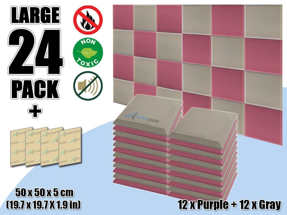 New 24 pcs Purple & Gray Bundle Flat Bevel Tile Acoustic Panels Sound Absorption Studio Soundproof Foam KK1039