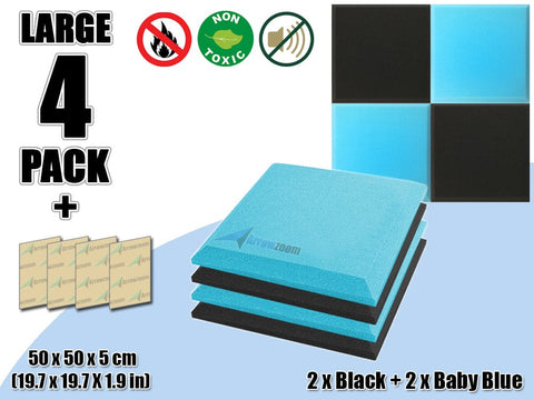 New 4 pcs Black & Baby Blue Bundle Flat Bevel Tile Acoustic Panels Sound Absorption Studio Soundproof Foam KK1039