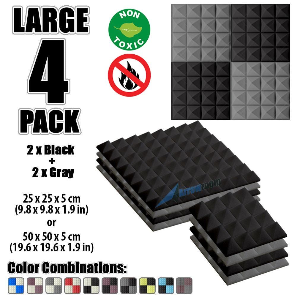 New 4 Pcs Black & Gray Bundle Pyramid Tiles Acoustic Panels Sound Absorption Studio Soundproof Foam KK1034