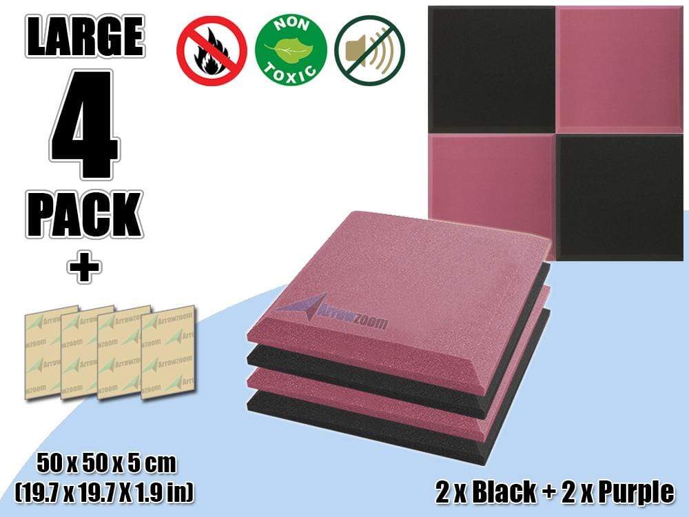New 4 pcs Black & Purple Bundle Flat Bevel Tile Acoustic Panels Sound Absorption Studio Soundproof Foam KK1039