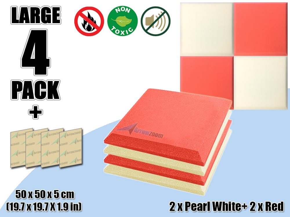 New 4 pcs Pearl White & Red Bundle Flat Bevel Tile Acoustic Panels Sound Absorption Studio Soundproof Foam KK1039