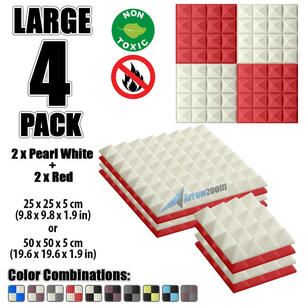 New 4 Pcs Pearl White & Red Bundle Pyramid Tiles Acoustic Panels Sound Absorption Studio Soundproof Foam KK1034