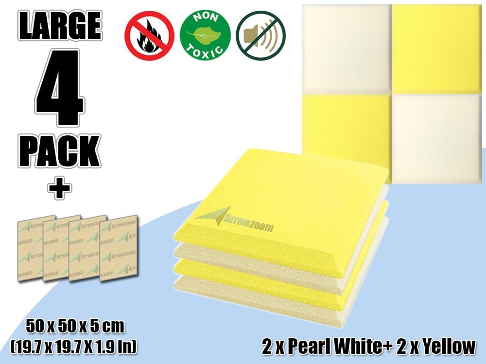 New 4 pcs Pearl White & Yellow Bundle Flat Bevel Tile Acoustic Panels Sound Absorption Studio Soundproof Foam KK1039