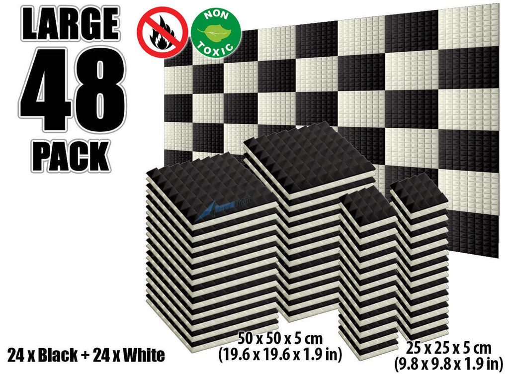 New 48 pcs Black and Pearl White Bundle Pyramid Tiles Acoustic Panels Sound Absorption Studio Soundproof Foam KK1034