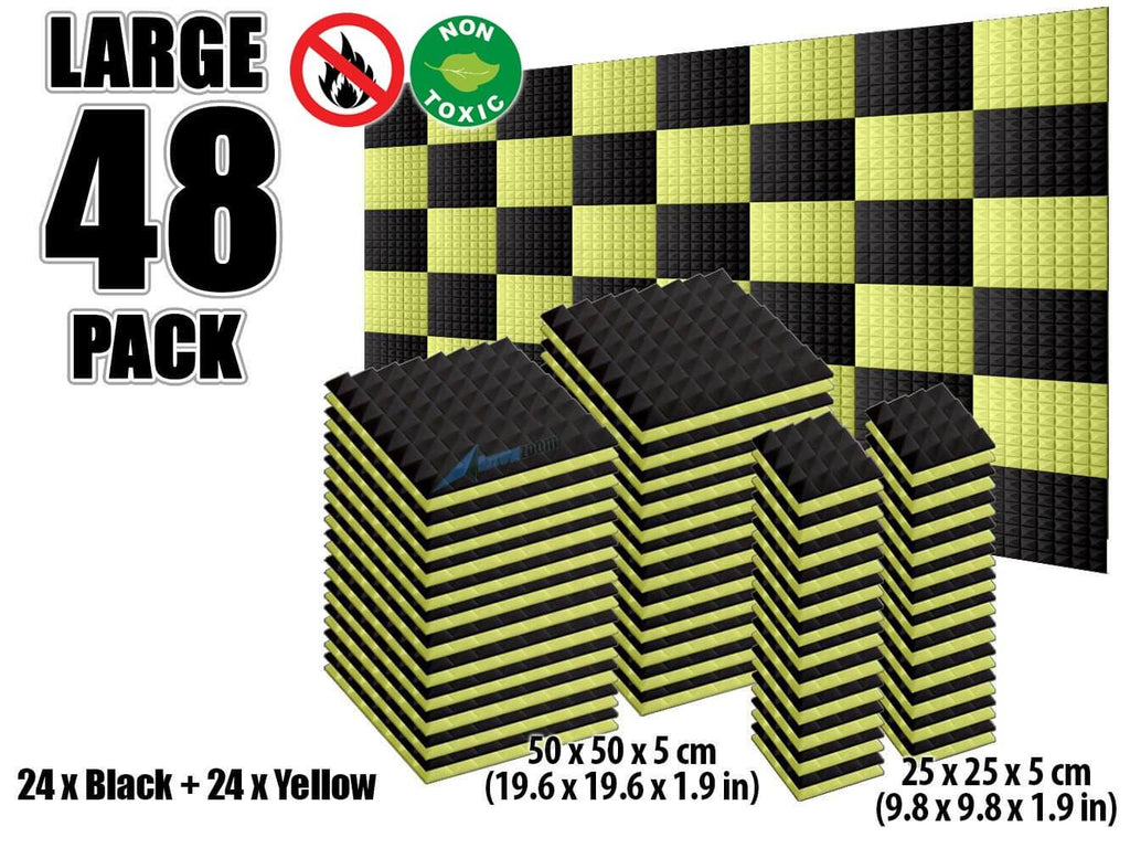 New 48 pcs Black and Yellow Bundle Pyramid Tiles Acoustic Panels Sound Absorption Studio Soundproof Foam KK1034