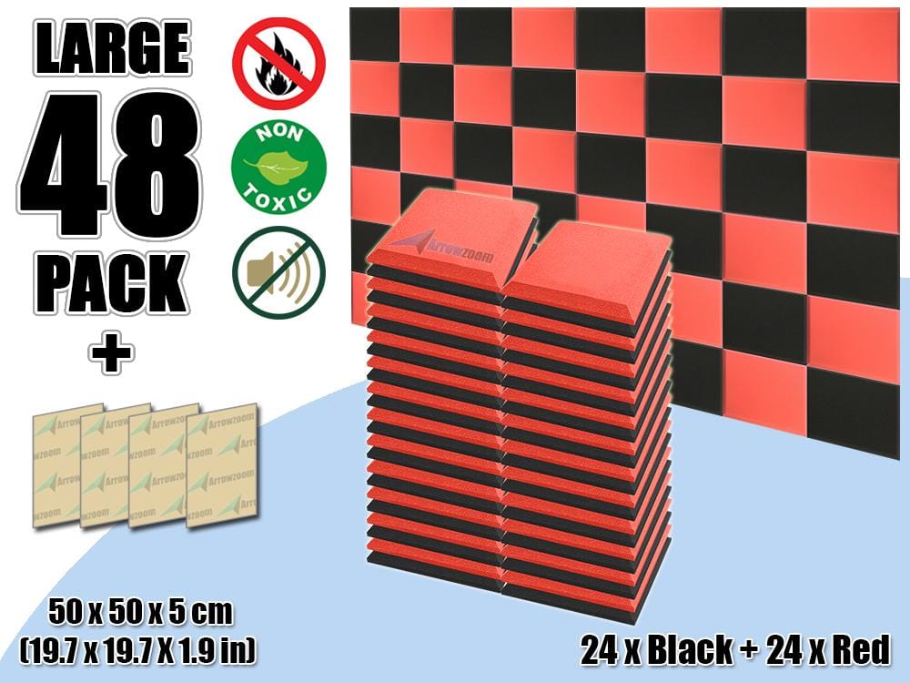 New 48 pcs Black & Red Bundle Flat Bevel Tile Acoustic Panels Sound Absorption Studio Soundproof Foam KK1039