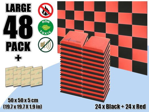 New 48 pcs Black & Red Bundle Flat Bevel Tile Acoustic Panels Sound Absorption Studio Soundproof Foam KK1039