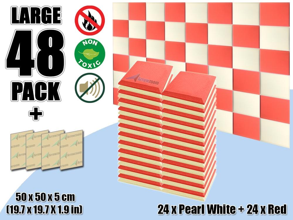 New 48 pcs Pearl White & Red Bundle Flat Bevel Tile Acoustic Panels Sound Absorption Studio Soundproof Foam KK1039