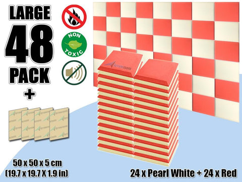 New 48 pcs Pearl White & Red Bundle Flat Bevel Tile Acoustic Panels Sound Absorption Studio Soundproof Foam KK1039