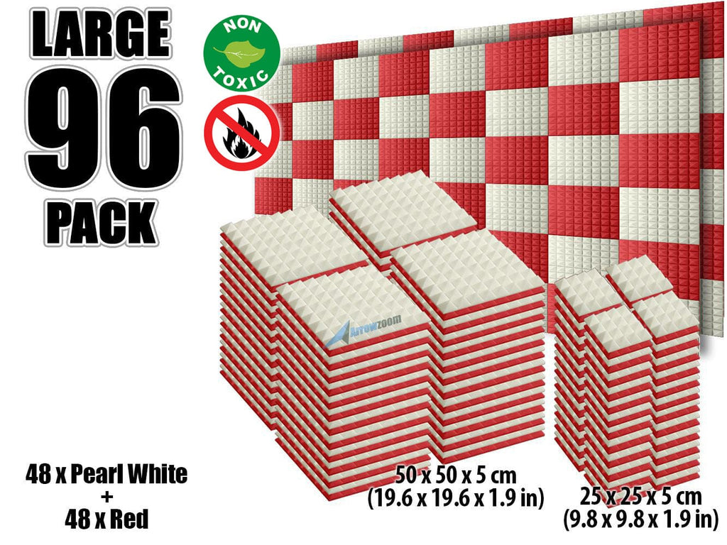 New 96 pcs Pearl White and Red Bundle Pyramid Tiles Acoustic Panels Sound Absorption Studio Soundproof Foam KK1034