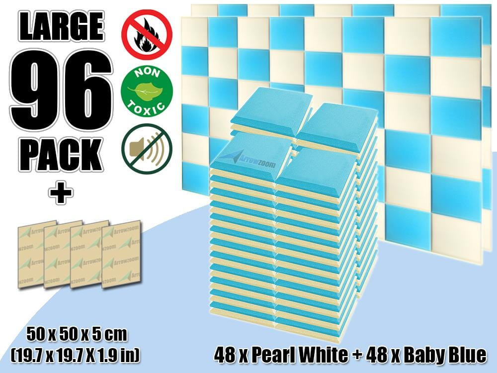 New 96 pcs Pearl White & Baby Blue Bundle Flat Bevel Tile Acoustic Panels Sound Absorption Studio Soundproof Foam KK1039