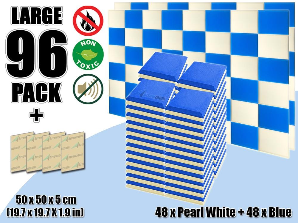 New 96 pcs Pearl White & Blue Bundle Flat Bevel Tile Acoustic Panels Sound Absorption Studio Soundproof Foam KK1039